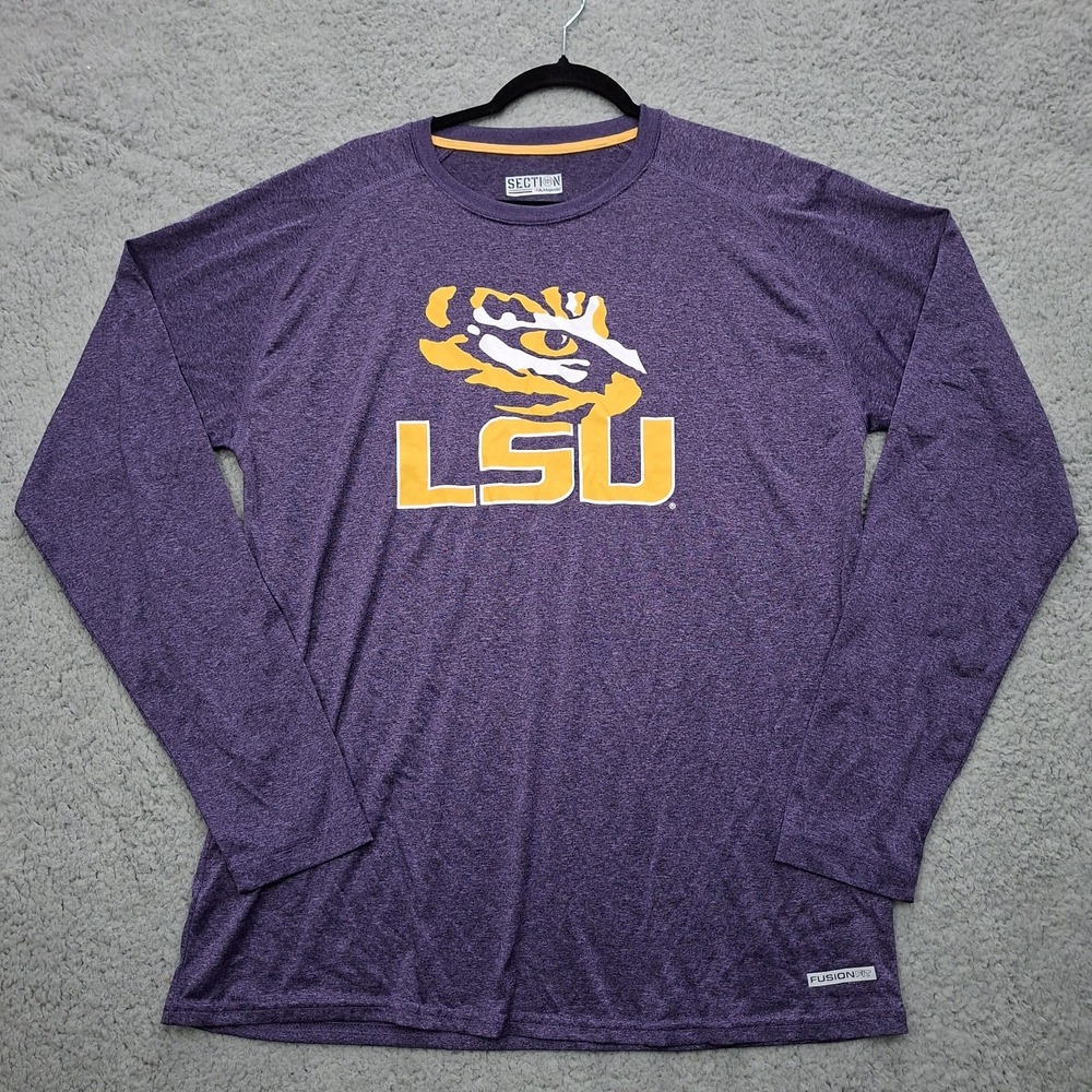 Mens L MAJESTIC Section 101 LSU Athletics Tigers Purple NCAA Stay Dry Shirt